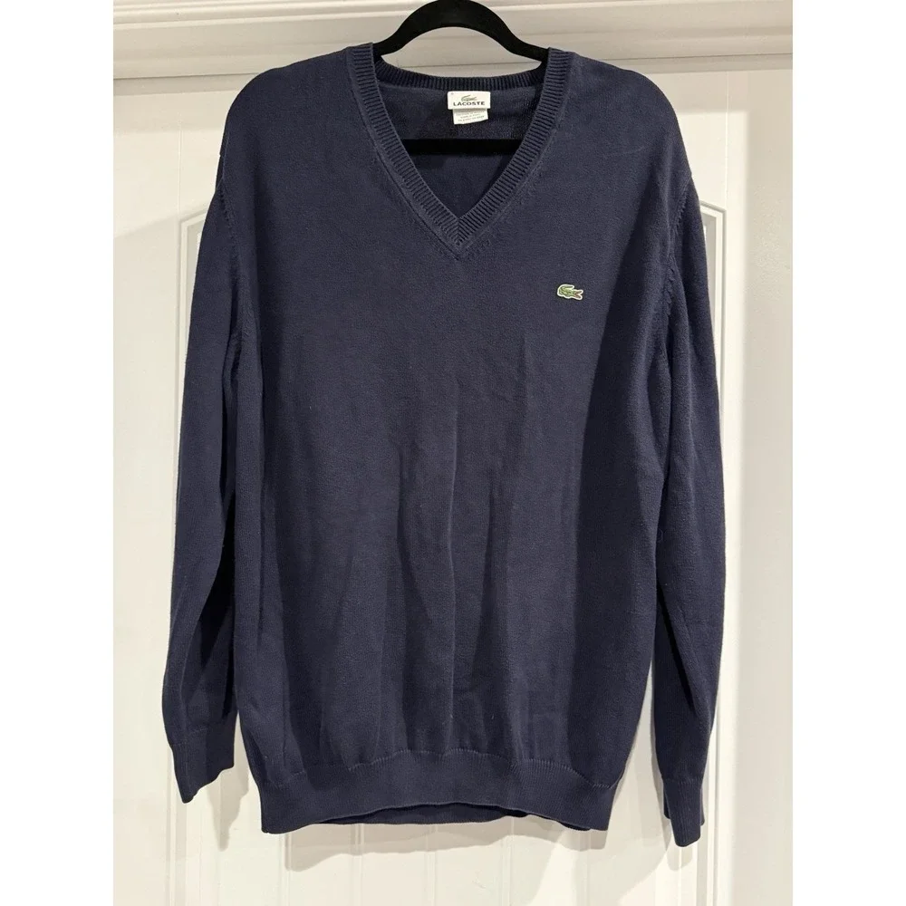 Lacoste V-Neck Sweater Size 6 Large Blue Navy Knit Pullover Crocodile Logo
